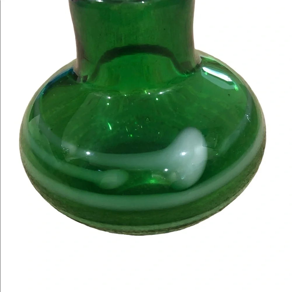 ART Glass/ Green Glass Vase / flat bottom / White swirls all the way around